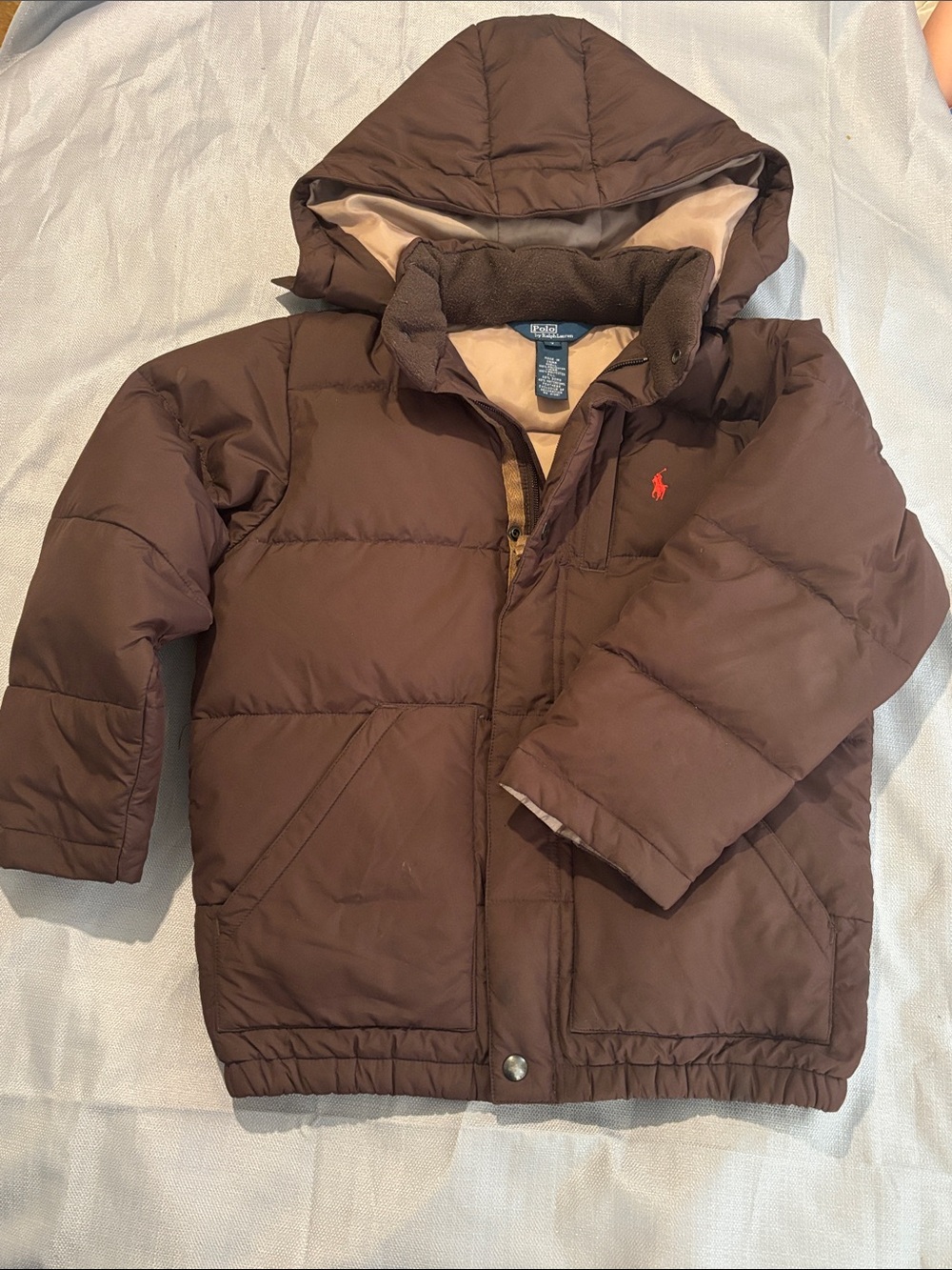 Ralph Lauren Brown Quilted Kids Hooded Puffer Jacket with Red Polo Logo